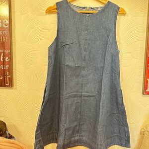 Denim Sleeveless Shift Mini Dress -Oval Back Cutout hidden pockets & Gold Zipper